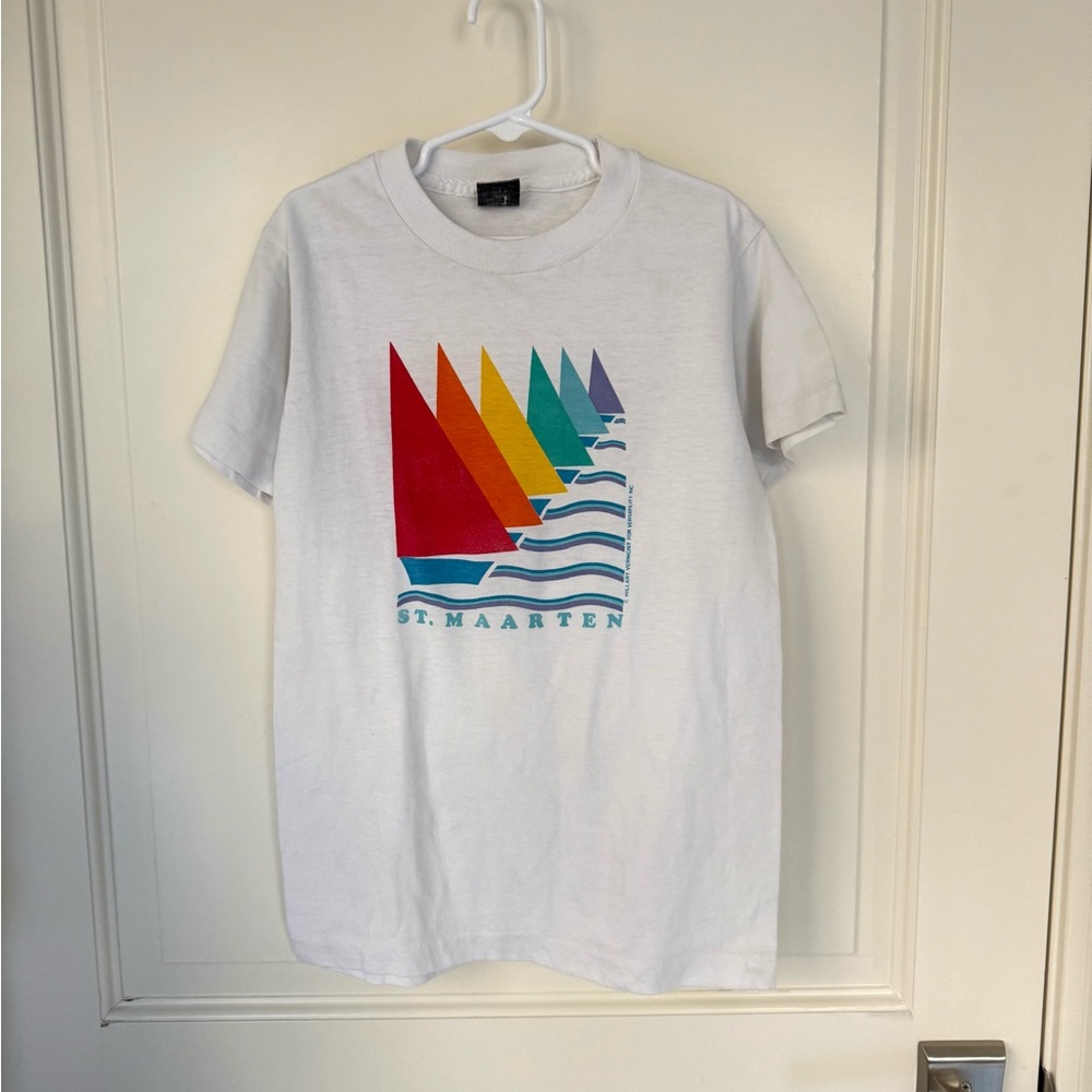 Vintage 90s Kids St. Maarten Rainbow Sailboat Shirt Large - SINGLE STITCH